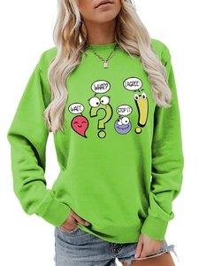 Detailed view of neon green crewneck sweatshirt with cute cartoon punctuation icons