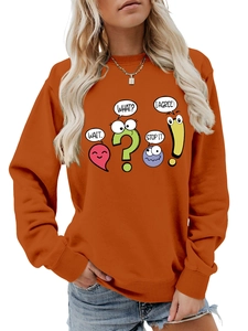 Detail of orange crewneck sweatshirt featuring colorful cartoon hearts and text dialogue prints