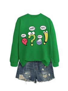 Detail of green cotton sweatshirt with cartoon talk bubbles and distressed denim shorts