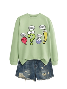 Detail of mint green sweatshirt featuring cartoon speech bubbles and denim shorts