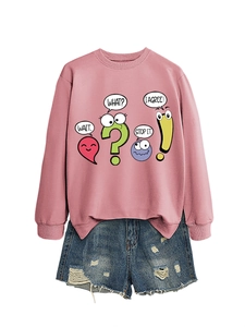 Close-up of pink crewneck sweatshirt featuring funny conversation bubbles print