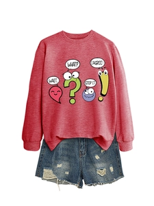 Detail of red cartoon crewneck sweatshirt paired with distressed blue denim shorts