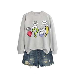 Women's light grey long sleeve sweatshirt with cartoon graphics and denim shorts set