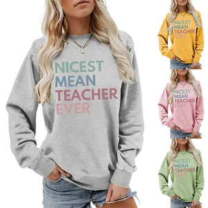 Close-up of crewneck sweatshirt detail and colorful color options for female teachers