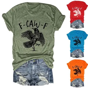 Damen Casual Baumwollmischung T-Shirt Rabe Grafikdruck Kurzarm Rundhals Locker Top Buchstaben Streetwear Mode