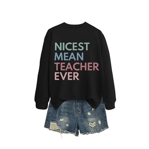 Women's black NICEST MEAN TEACHER sweatshirt set with distressed blue denim shorts