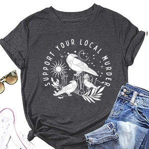 T-shirt in cotone grigio antracite con stampa grafica di corvo mistico bianco