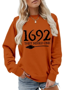 Detail of caramel cotton sweatshirt featuring 1692 THEY MISSED ONE text and broom graphic