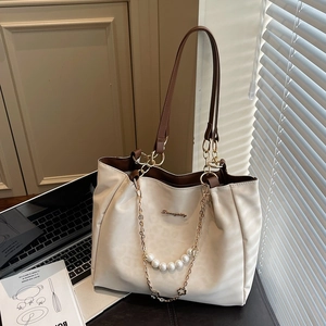 Sac Cabas pour Femmes en Cuir PU Grande Capacité Sac à Épaule pour Navette Avec Décoration de Künstliche Perles et Chaîne en Métal Sac Élégant