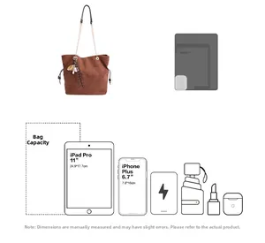 Detail showing high capacity of a brown suede tote bag with daily items and iPad