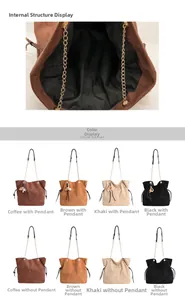 Detail view of bucket bag interior and color grid showing matte leather and chain strap
