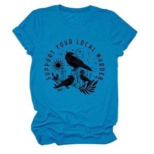 T-shirt in cotone blu brillante con stampa corvi Support Your Local Murder in piano
