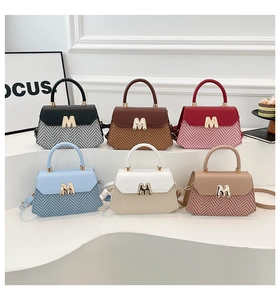 Minimalist crossbody bags displayed in six colors featuring M-logo and woven texture