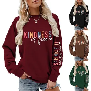 Sweat-Shirt Casual Femme Mélange Coton Col Rond Manches Longues Imprimé Lettres Mode Haut Ample