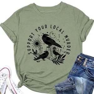 T-Shirt Support Your Local Murder Corvo Raven Donna Cotone Maniche Corte Girocollo Gotico Retro Grafica Top