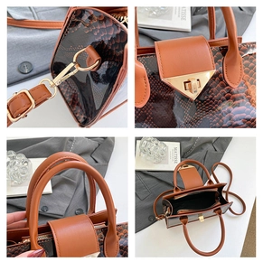 Detailed views of snake-patterned leather bag featuring gold hardware and secure zip closure