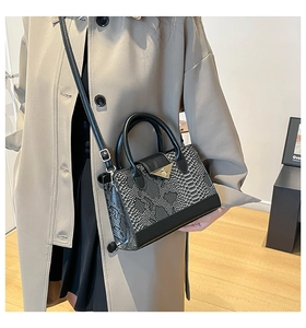 Detail of snake skin texture and golden triangle metal buckle on the retro handbag