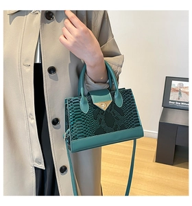Dettaglio della borsa verde scuro con motivo a serpente ed elegante chiusura a V dorata