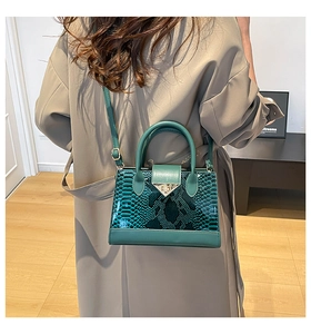 Dettaglio borsa a mano verde scuro effetto serpente con vista laterale e fibbia oro