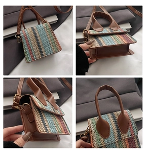 Detailed views of a vibrant multi-color striped woven mini handbag with leather handle