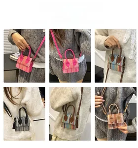 Detailed multi-view grid showing mini woven crossbody bag in various colors and styles