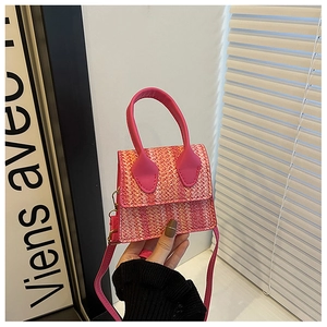 Detailed close-up of mini crossbody bag featuring pink leather and woven tweed texture