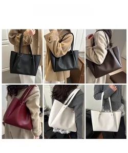 Collage of model showcasing large vintage tote bags in various colors for daily commute