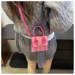 Mini rose red tweed crossbody bag with woven texture and gold hardware on model