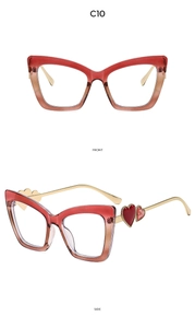 Detailed side and front view of cat-eye frames with gold temples and double heart detail