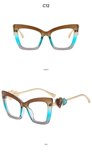 Detailed front and side view of cat-eye frames with gradient blue color and heart temple