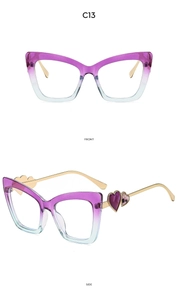 Front and side view of purple gradient cat-eye frame with gold heart detail