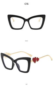 Front and side view of cat-eye glasses with black frame and gold heart temples