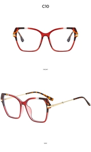 Front and side views of square cat-eye sunglasses with tortoiseshell and red frames