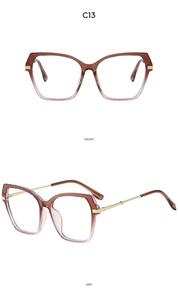 Front and side view of square cat-eye sunglasses with brown gradient frames and gold metal temples