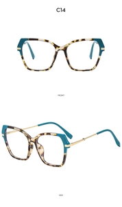 Front and side views of tortoise shell and blue frame glasses with gold metal temples