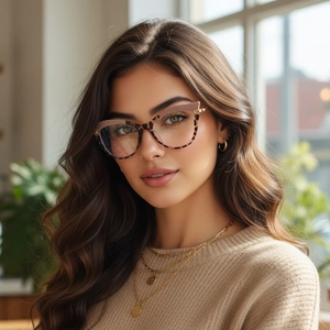 Modische Cat-Eye-Sonnenbrille mit Leopardenmuster-Rahmen und Goldbügeln am Modell