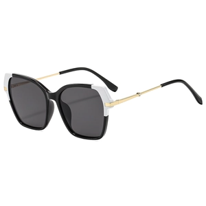 Retro square frame sunglasses with black and white color blocking and gold metal temples