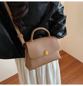 Detail of brown litchi pattern leather bag with gold buckle and adjustable strap