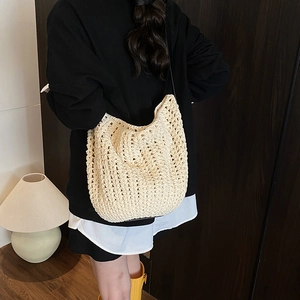 Chic beige woven hollow-out beach tote bag with soft crochet texture and large capacity