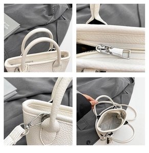 Detailed views of white pebbled leather bag featuring silver zipper and sturdy handles