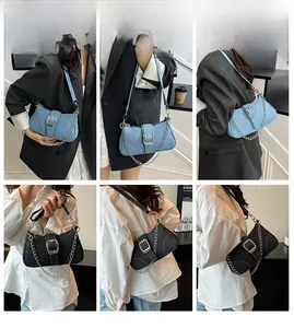 Denim shoulder bag with metal buckle and chain detail shown from multiple angles