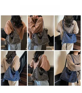 Collage of model wearing vintage denim hobo tote bag with rivets in grey and blue colors