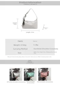 Detailed size chart for minimalist fabric shoulder bag measuring 21x13x6cm in three colors