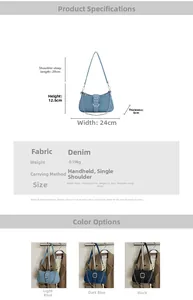 Detailed technical view of a denim baguette bag showing dimensions 24x12.5x6cm and metal chain