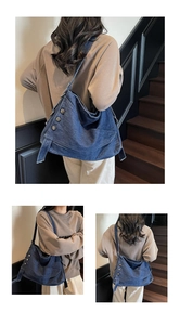 Detailed views of a dark blue denim tote bag with silver metal studs and wide shoulder strap