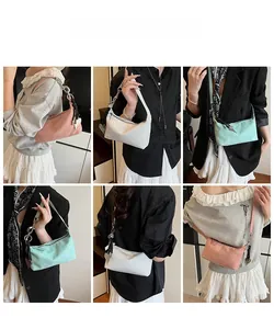 Detailed views of crossbody bags in pink, beige, and mint with heart charms and chain straps