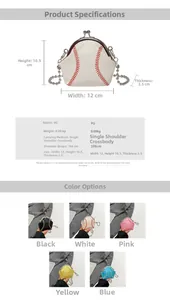Detailed size specifications for mini baseball-style shell bag with dimensions and multi-colors