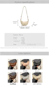 Detailed size chart and multi-color options for the minimalist PU crescent shoulder bag