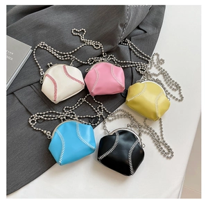 Miniature baseball-shaped purse in multiple colors with retro metal clasp and chain