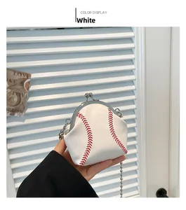 Close-up of white baseball-themed shell bag featuring red stitching and silver chain